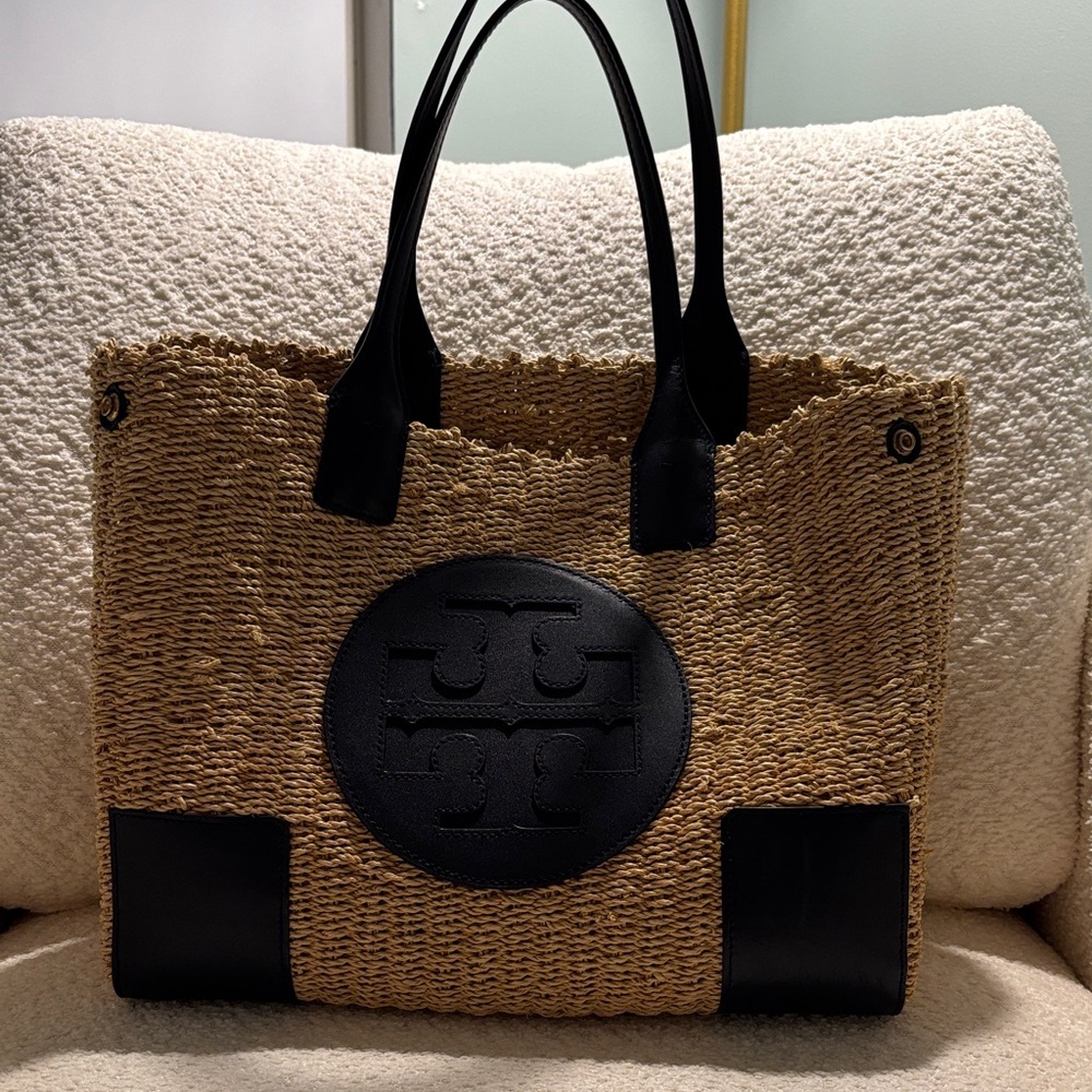 Tory Burch Straw Ella Tote in Navy trim